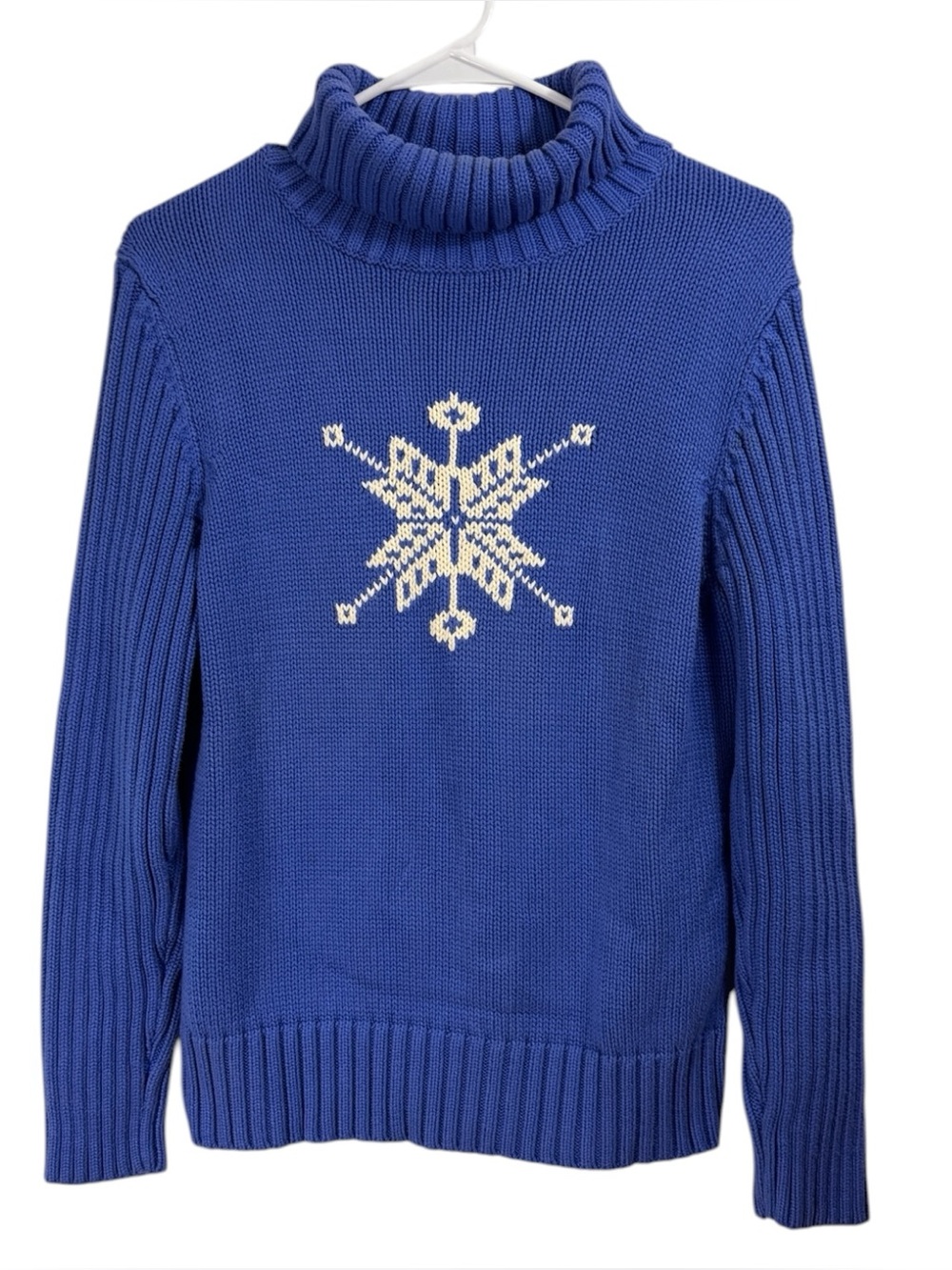 Vintage Lands End Size Medium Ribbed Knit Snowflake Turtleneck Holiday Sweater